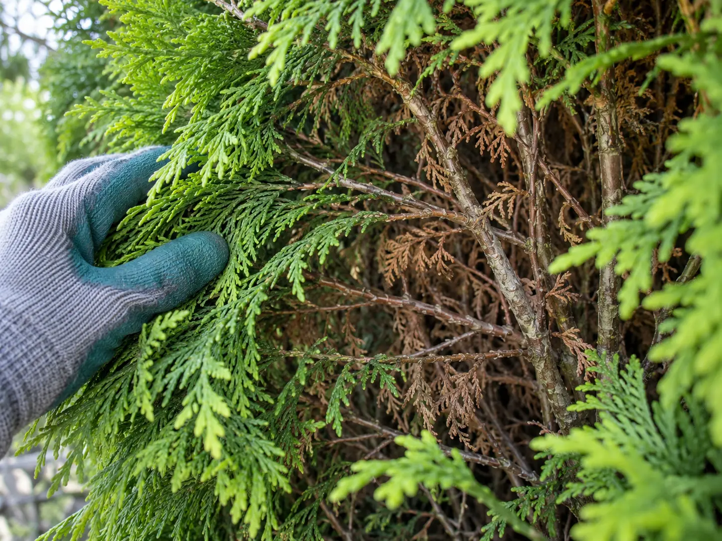 Green conifer foliage parted to reveal bare brown old wood inside the hedge