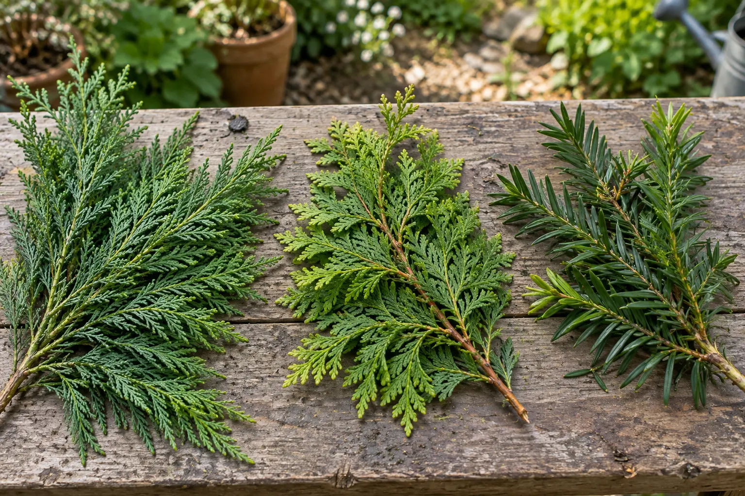 Leylandii, Thuja and Yew foliage arranged side by side for comparison
