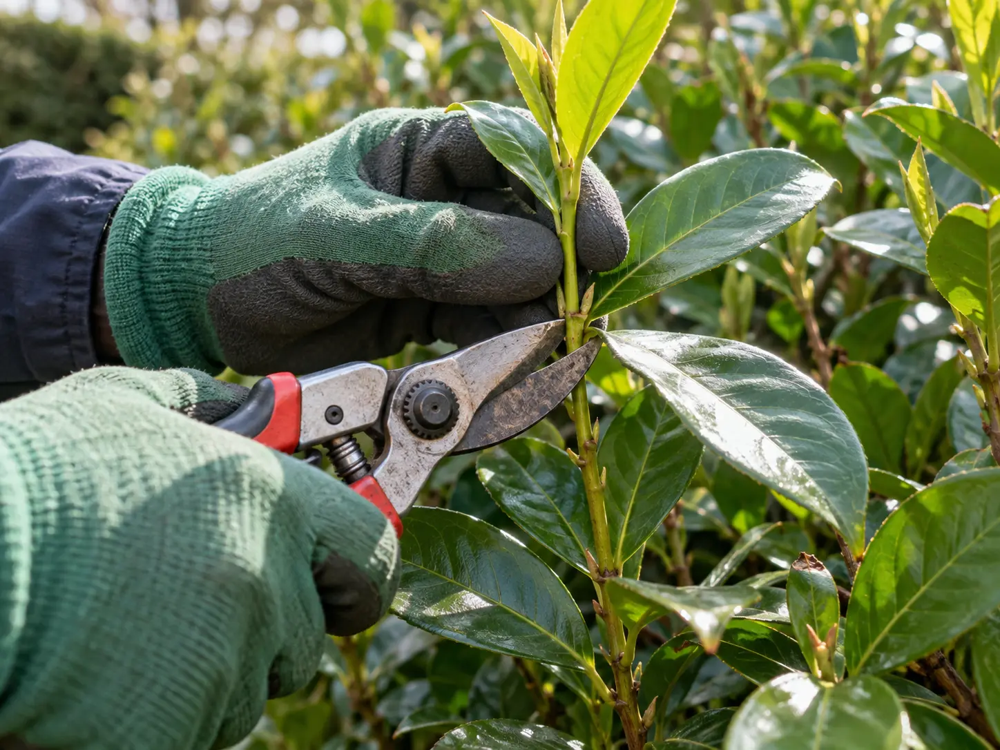 Pruning a Cherry Laurel shoot with bypass secateurs above a healthy leaf