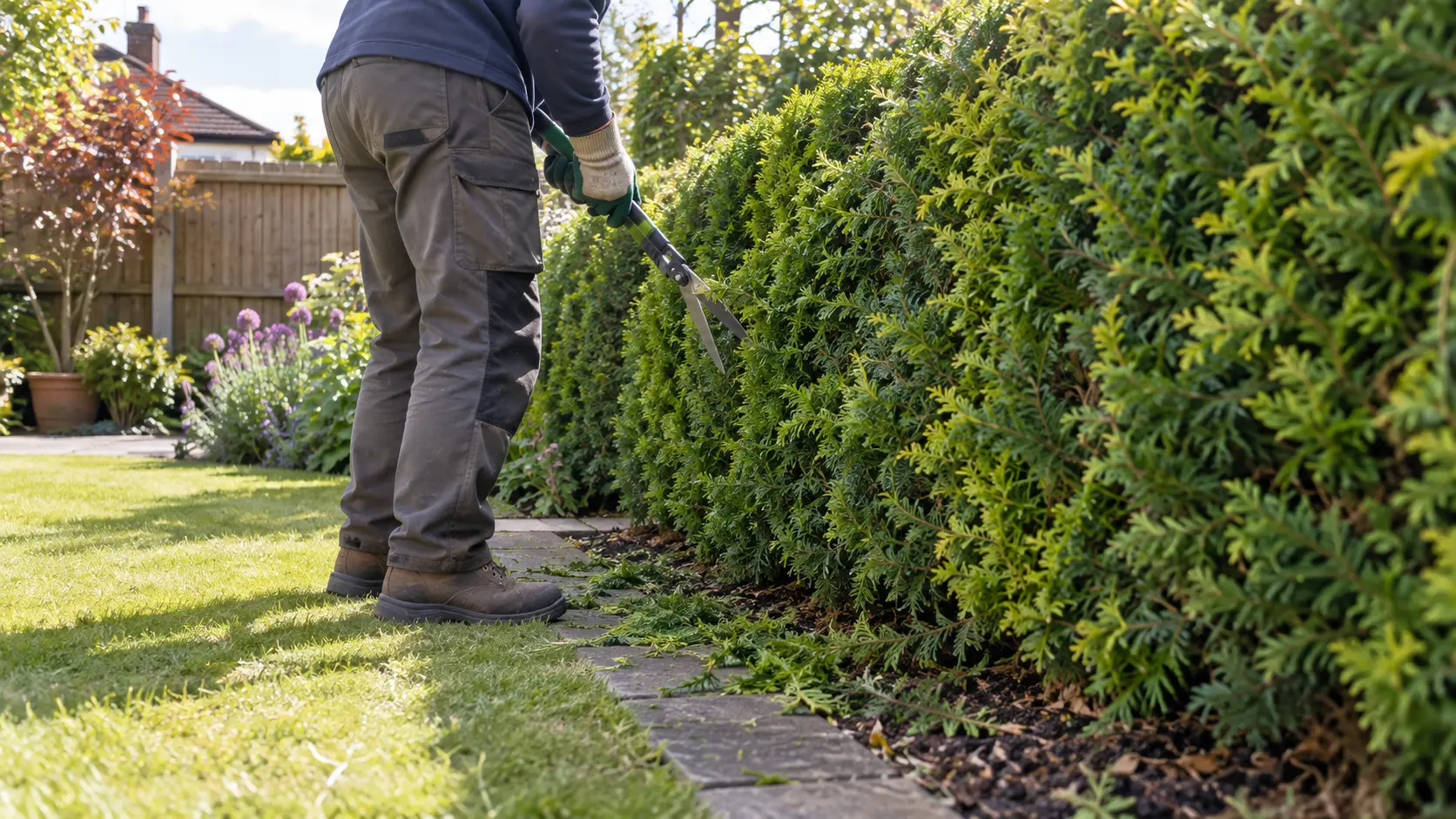Gardener pruning an established conifer hedge in a UK garden