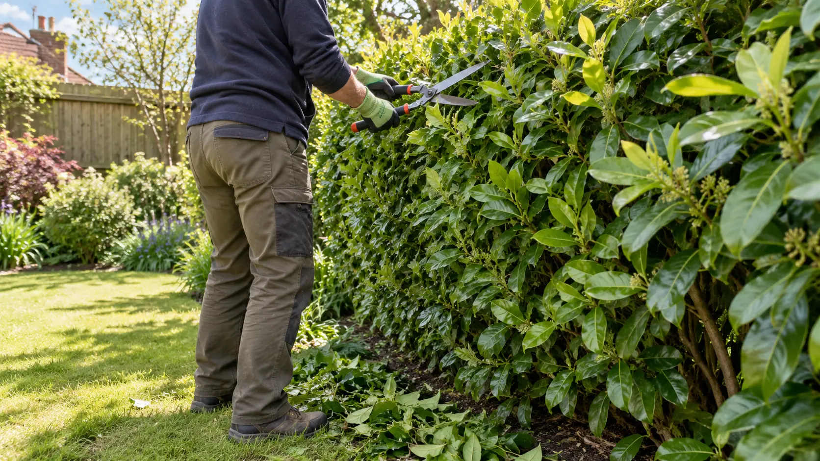Gardener pruning a mature Laurel hedge in a UK garden