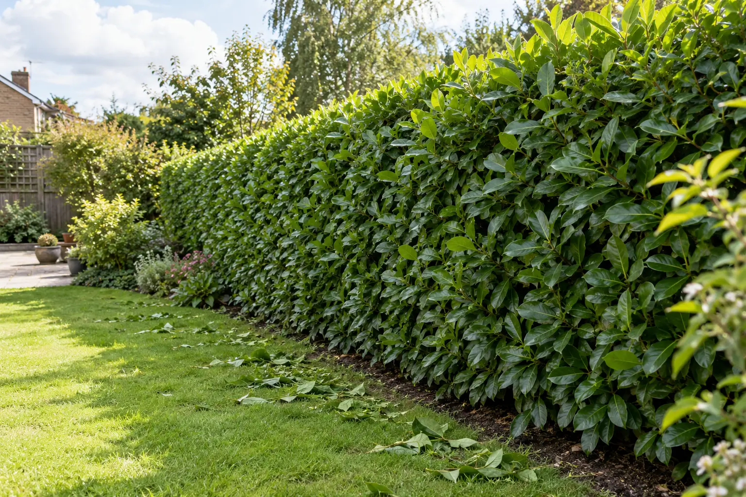 Laurel hedge pruned with its base slightly wider than the top