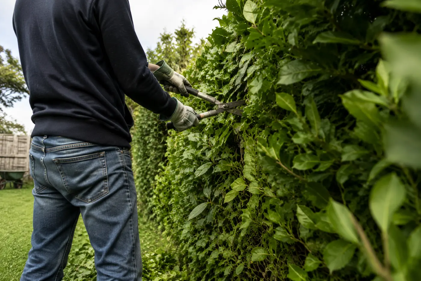 Gardener trimming a mature evergreen hedge with manual shears