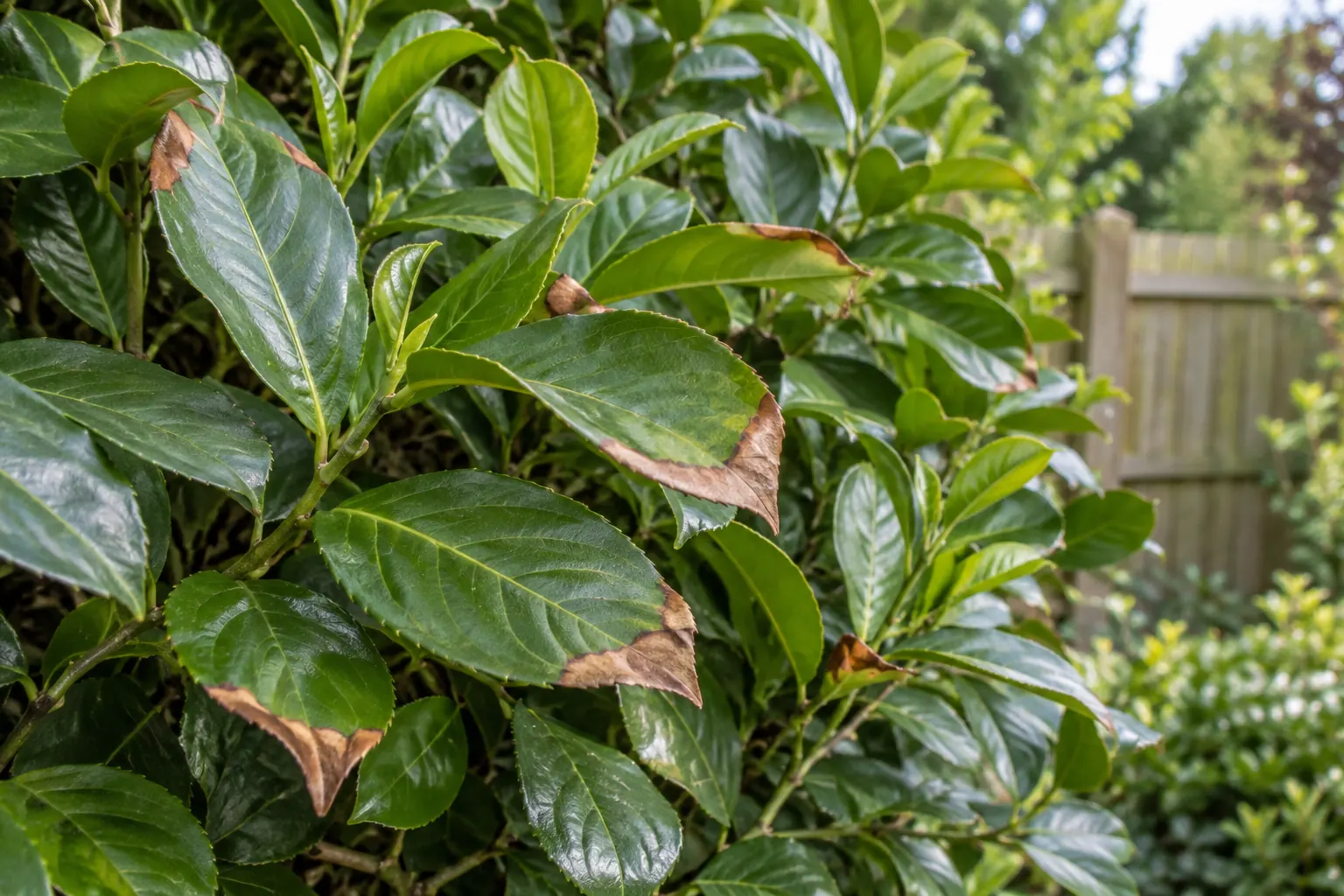 Brown tips and edges on leaves of a Cherry Laurel hedge