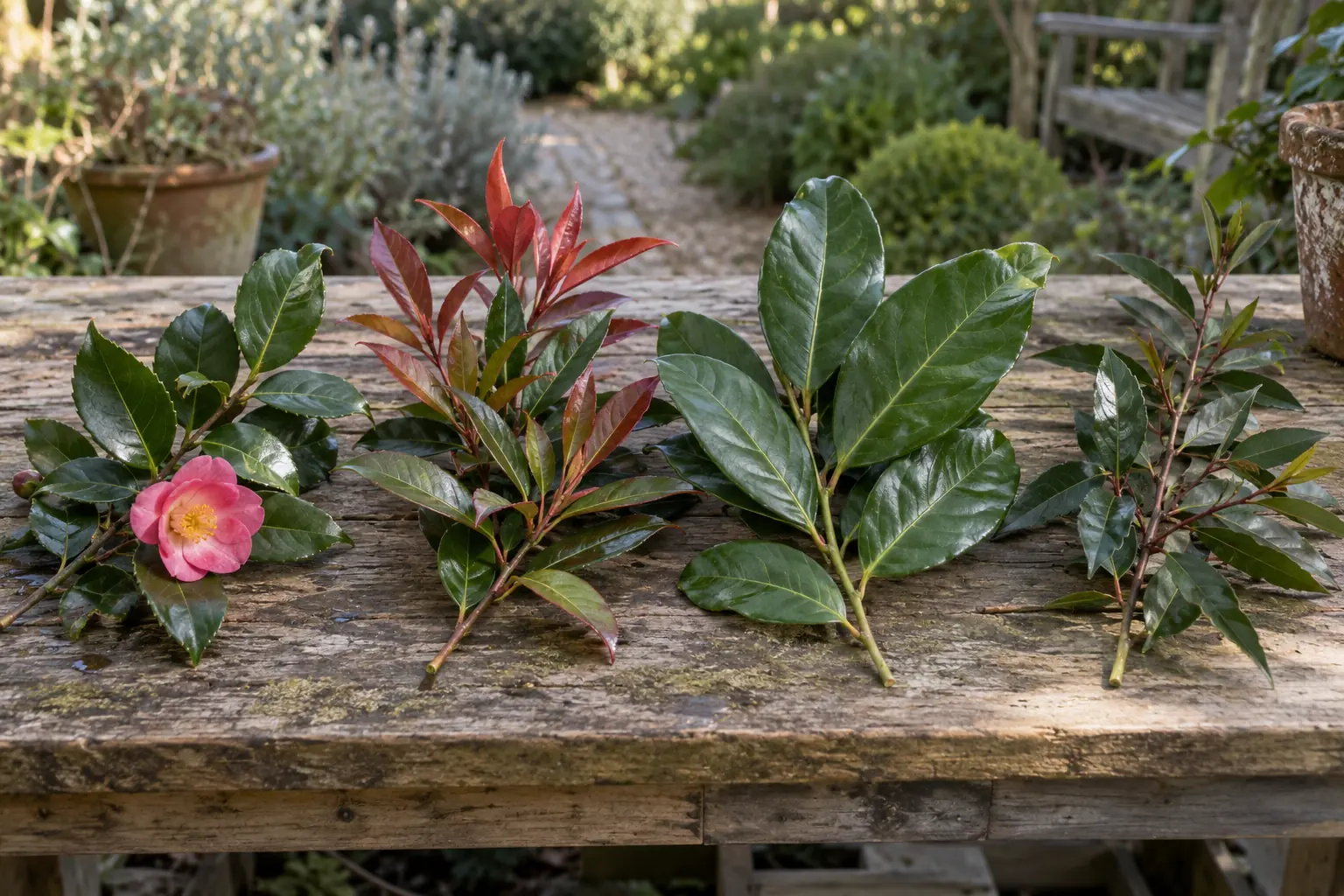 Camellia, Photinia, Cherry Laurel and Portuguese Laurel foliage compared