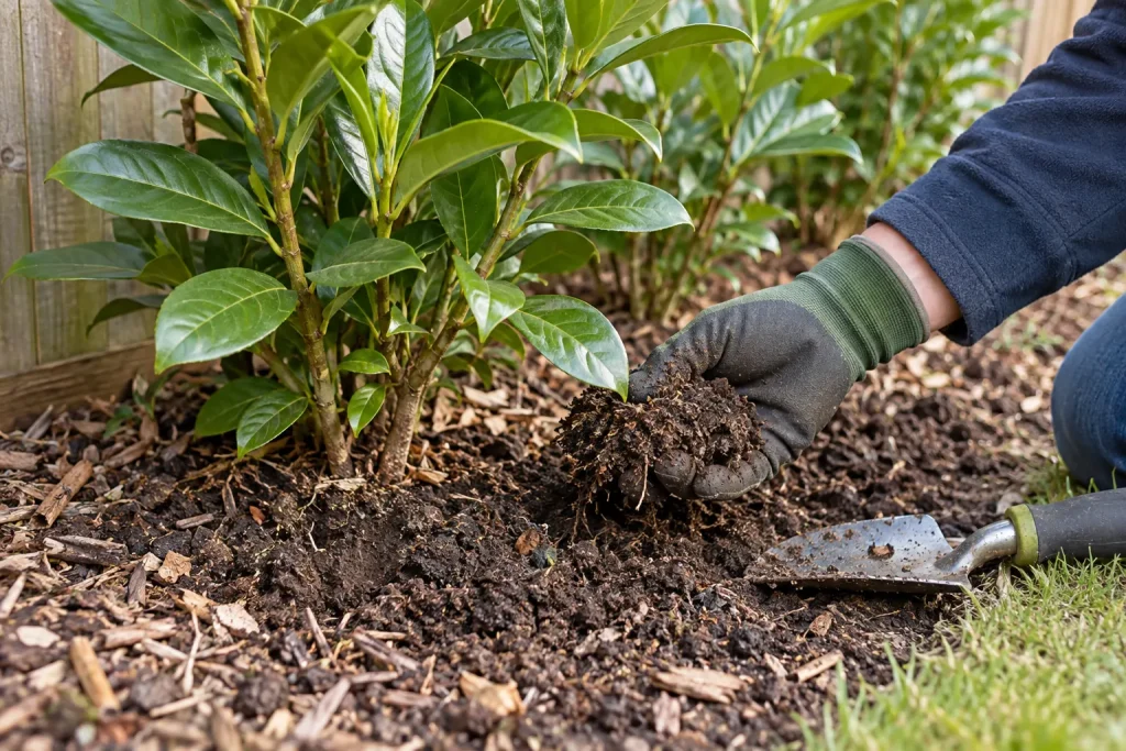 Gardener checking soil moisture beside the root zone of a Laurel hedge
