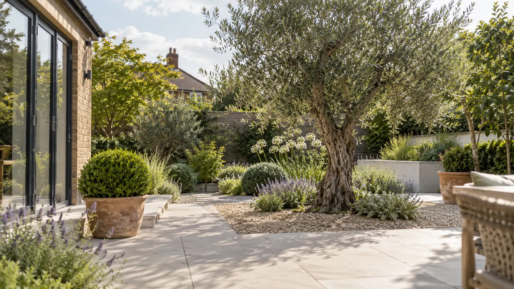 Olive tree and architectural planting in a contemporary UK garden
