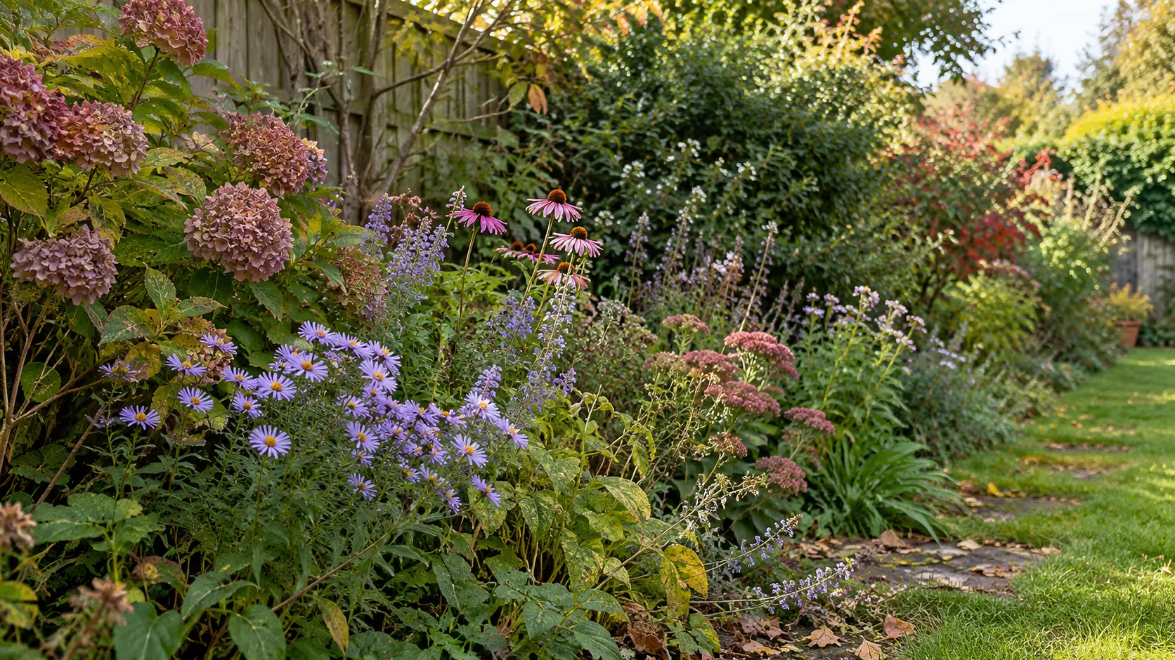 Informal flowering shrubs and hedging in a wildlife-friendly UK garden