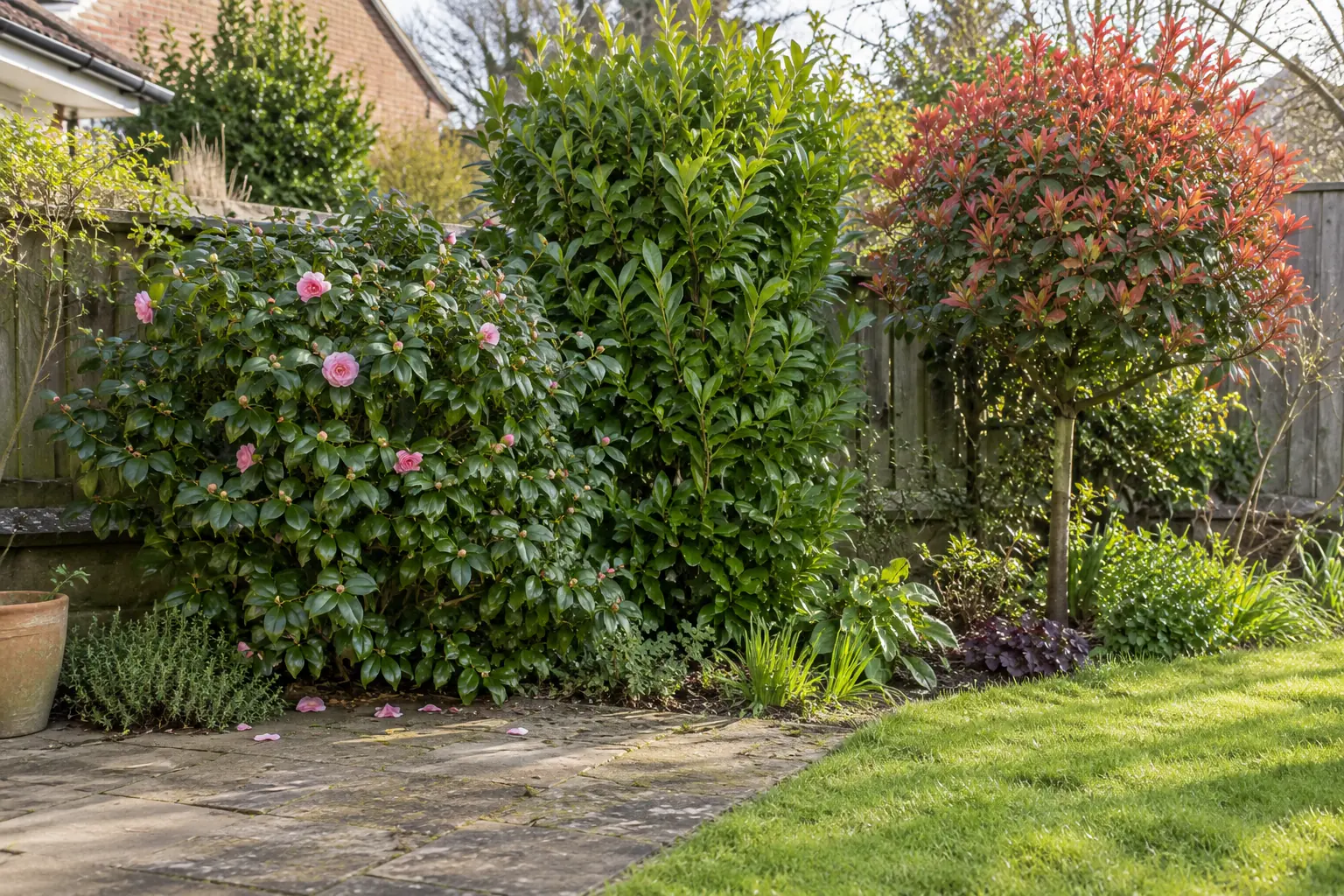 Bushy, upright and trained shrub forms in a UK garden