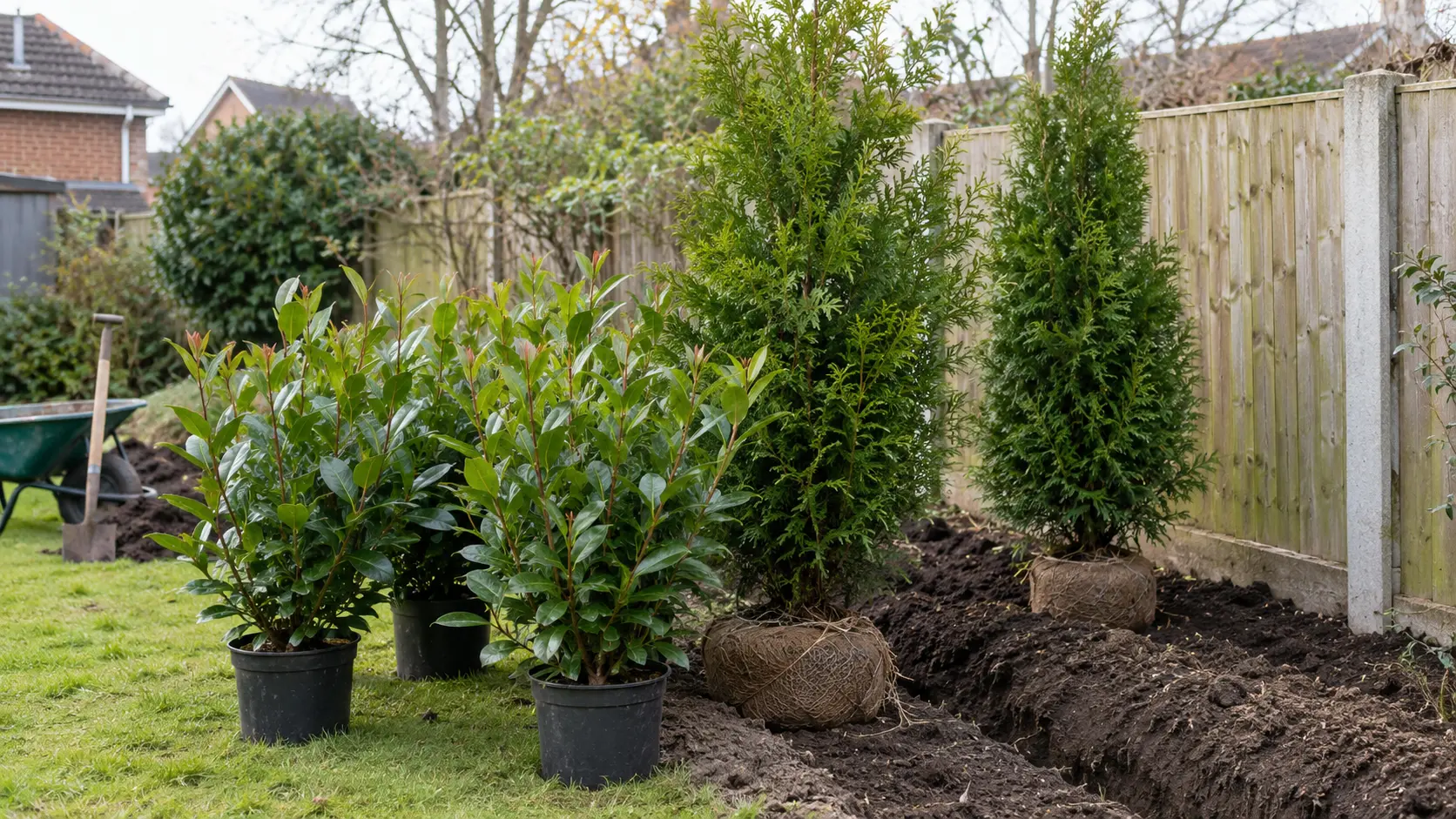 Established evergreen hedging plants in different starting heights