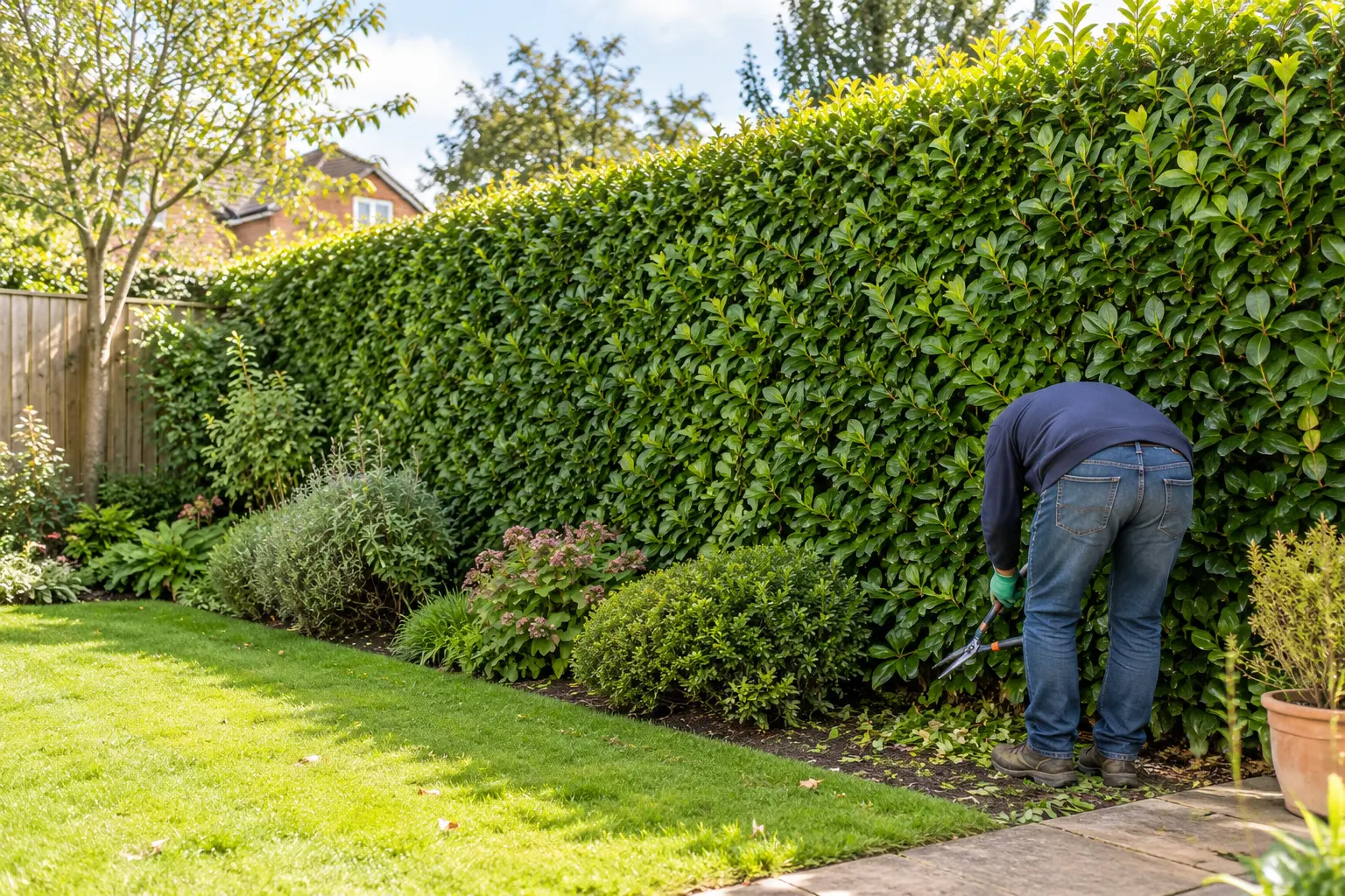 Gardener maintaining a mature evergreen privacy hedge in a UK garden