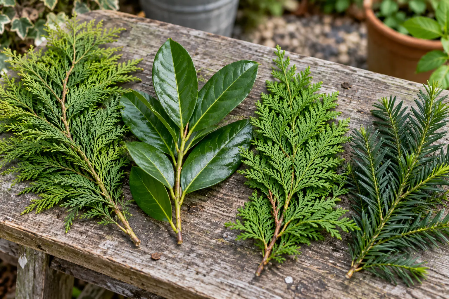 Leylandii, Cherry Laurel, Thuja and Yew foliage compared