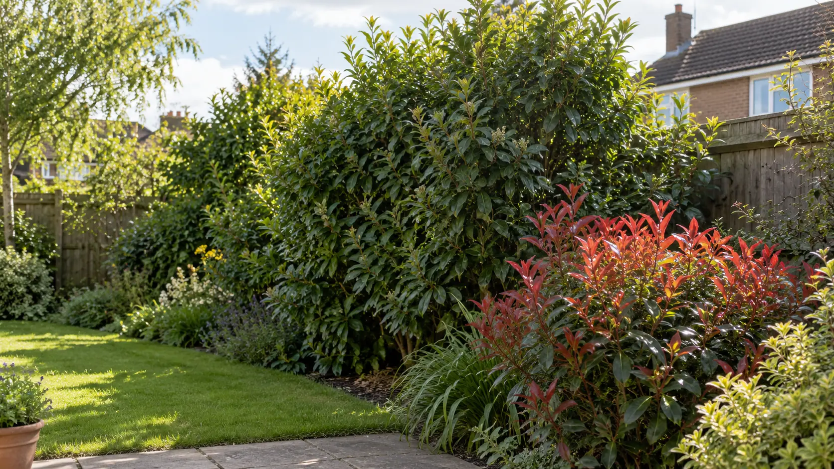 Evergreen screening shrubs creating privacy in a UK garden