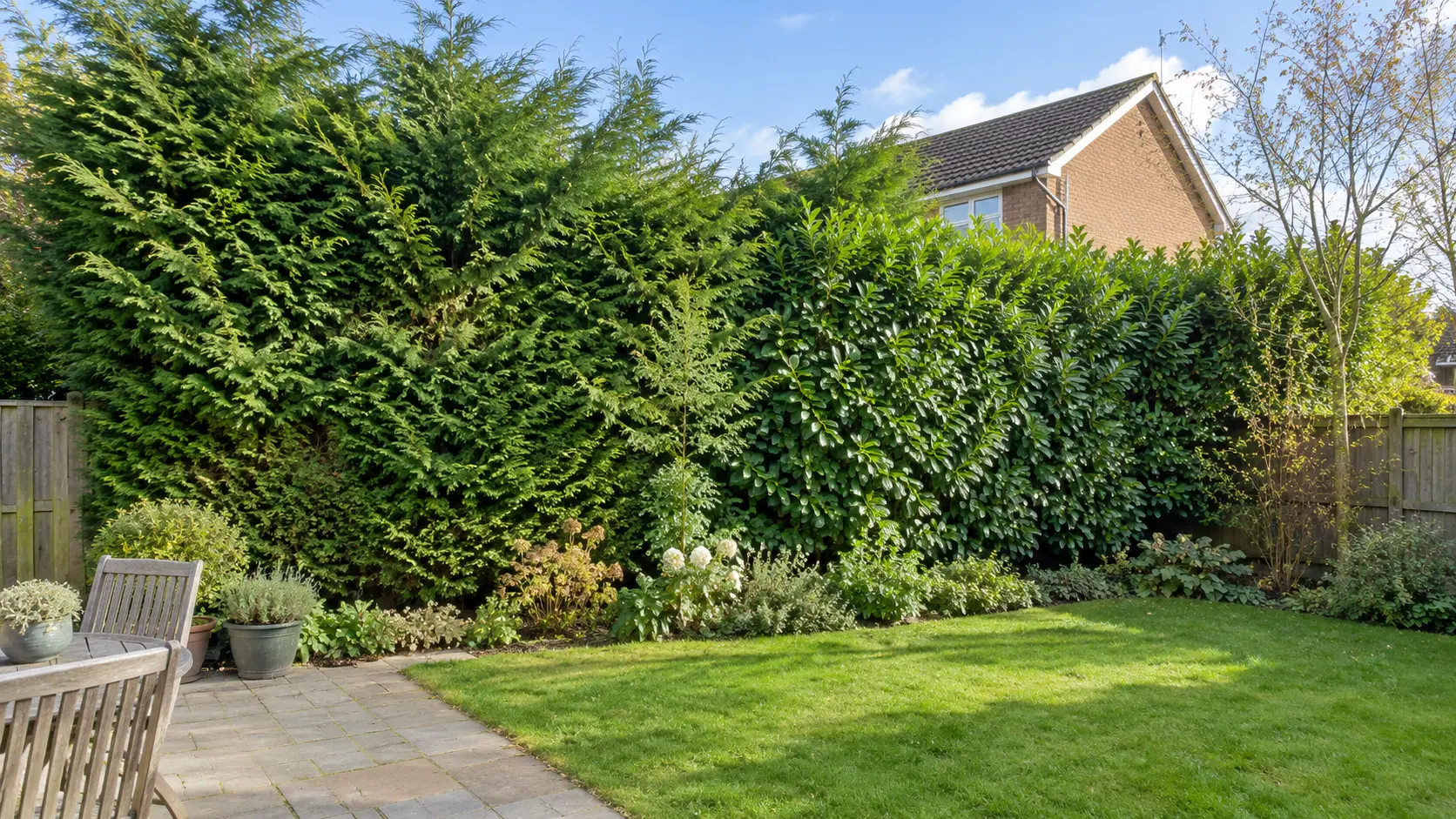 Fast-growing evergreen hedge providing privacy in a UK garden