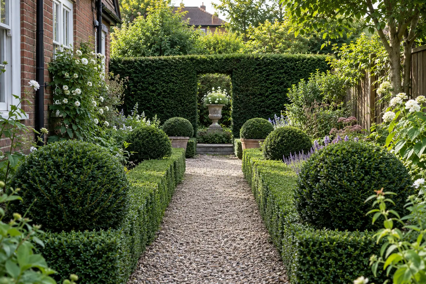 UK garden with clipped hedging and topiary