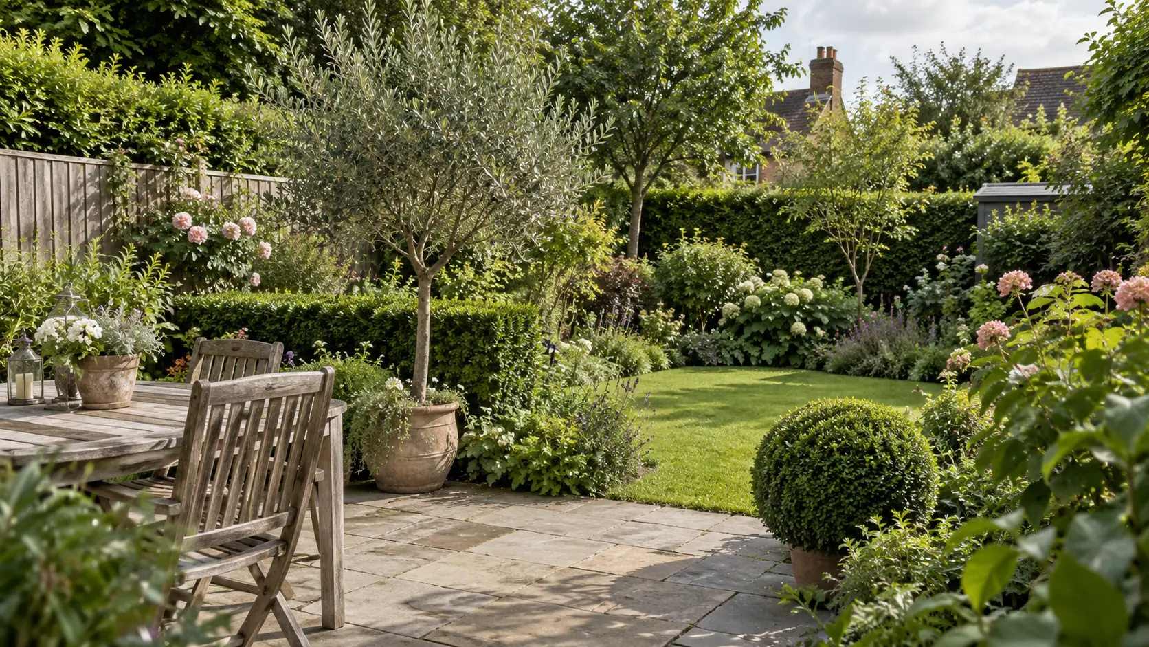 Mixed planting and different garden styles in a UK garden