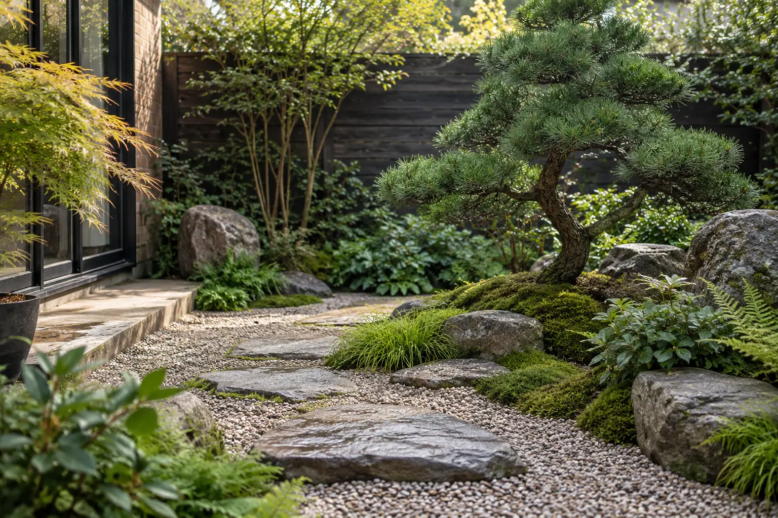 Japanese-inspired UK garden with shaped evergreens, gravel and stone