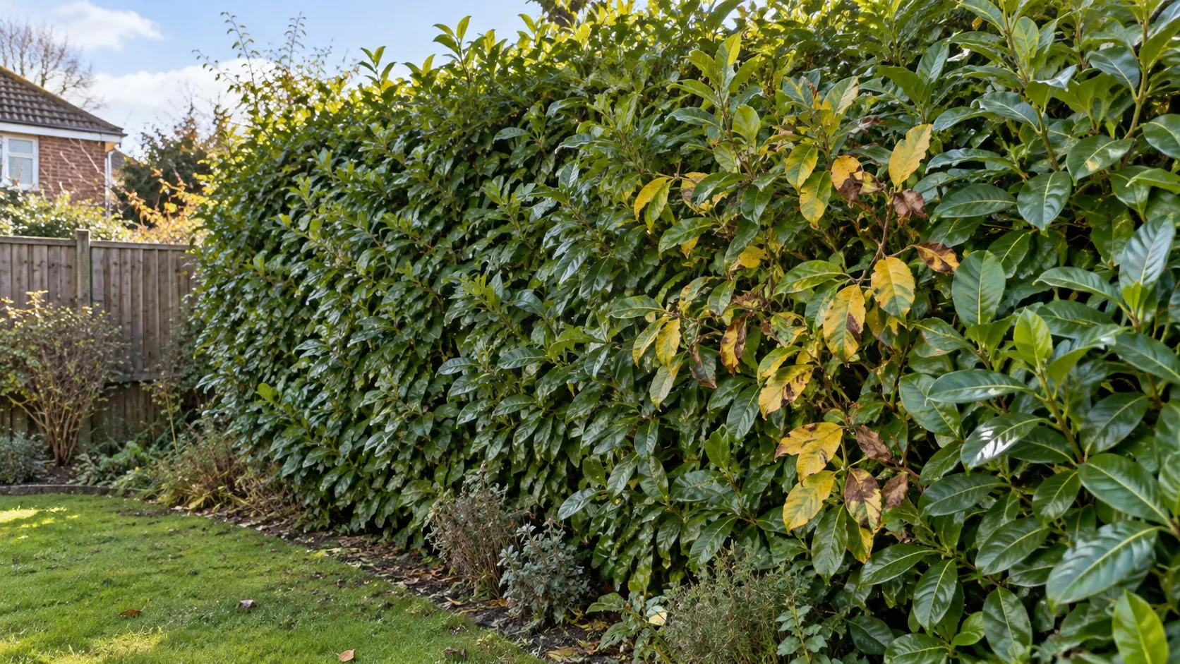 Cherry Laurel hedge with some yellow and brown leaves in a UK garden