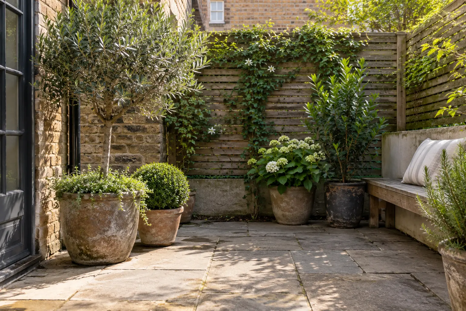 Trained trees and evergreen plants in a small UK courtyard garden