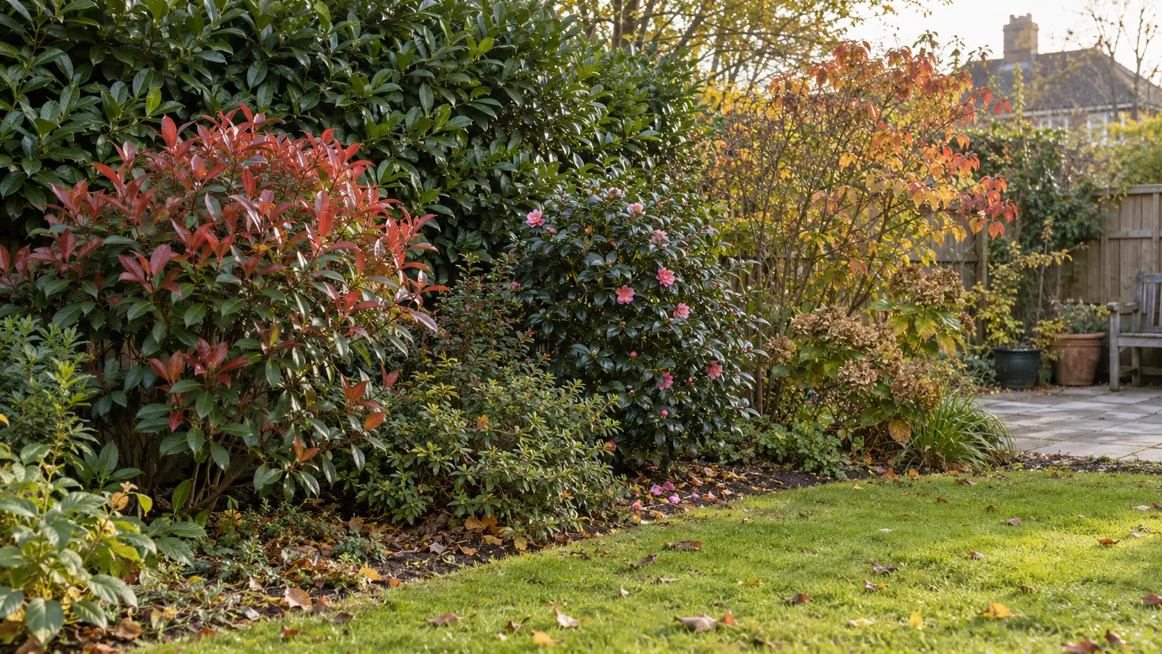 Different types of evergreen and flowering shrubs in a UK garden