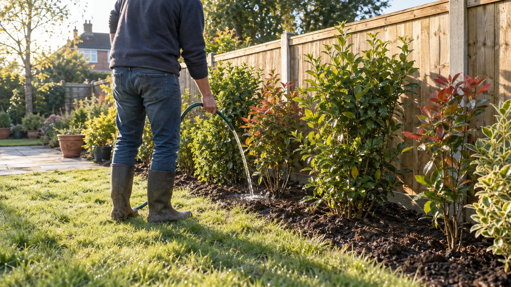 Gardener watering the soil around newly planted evergreen hedging in a UK garden in the early morning.