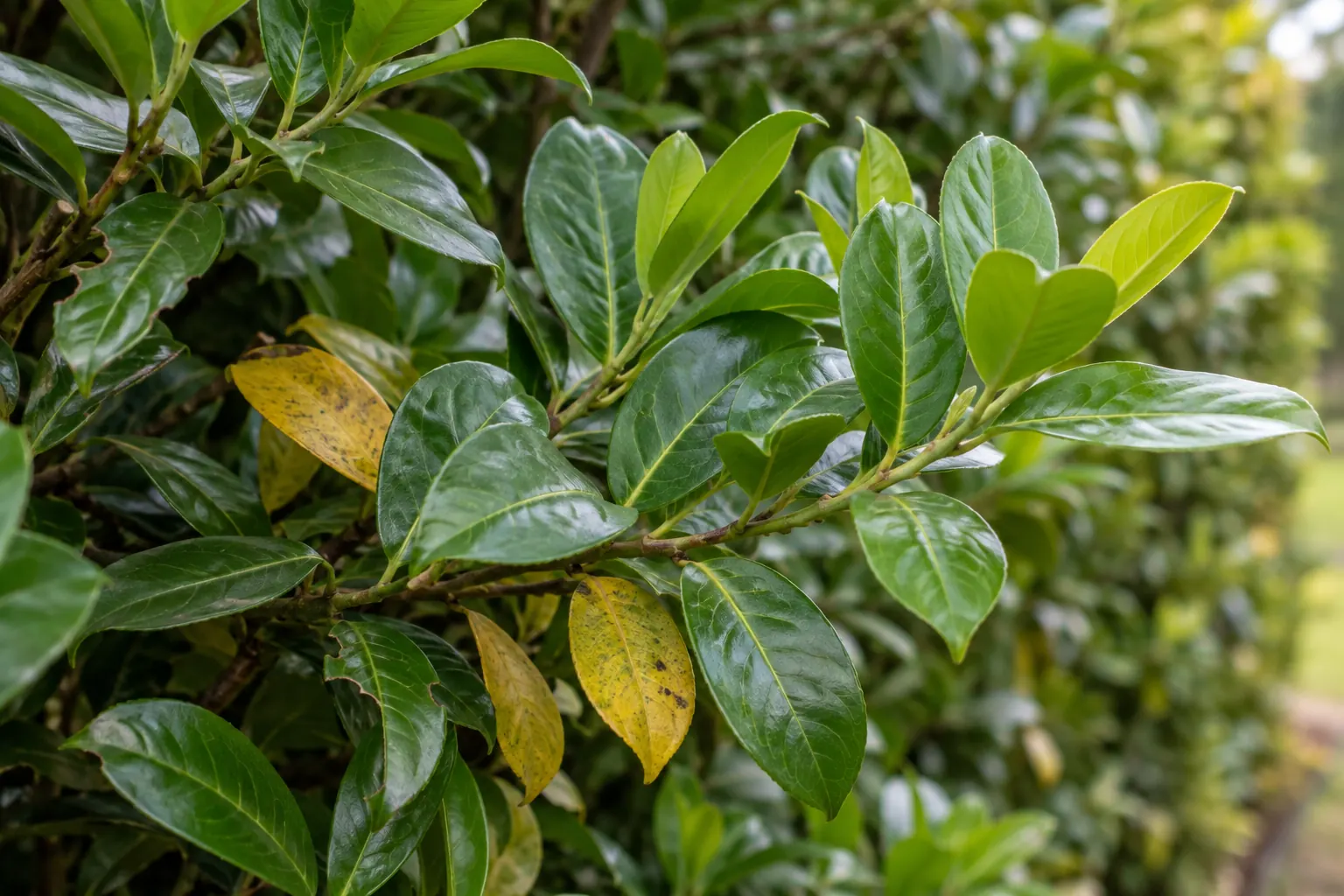 A few yellow inner leaves among healthy green Cherry Laurel foliage